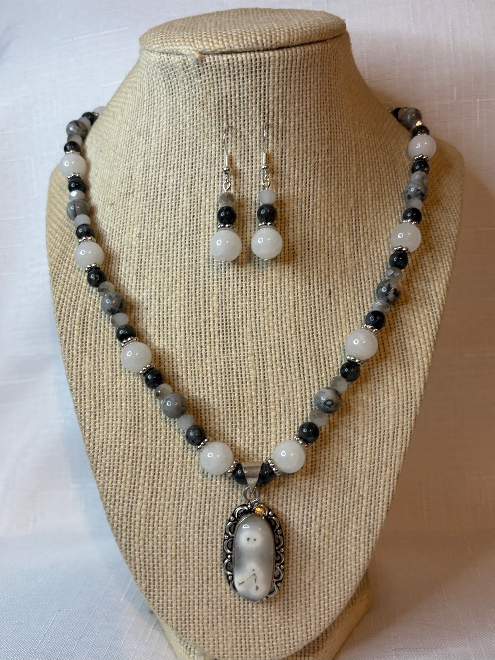 Handcrafted Agate, White Jade, Map Stone, Larvikite Necklace/Earring Set